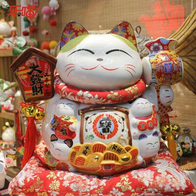 号乐喵4寸大陶瓷招财猫家居创意摆件店铺酒店开业前台存钱SW507，