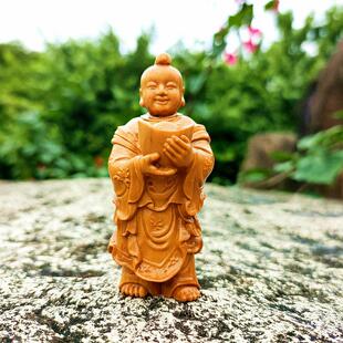 木雕招财童子中式家居茶宠黄杨木原木手工雕刻神像财神爷金童玉女