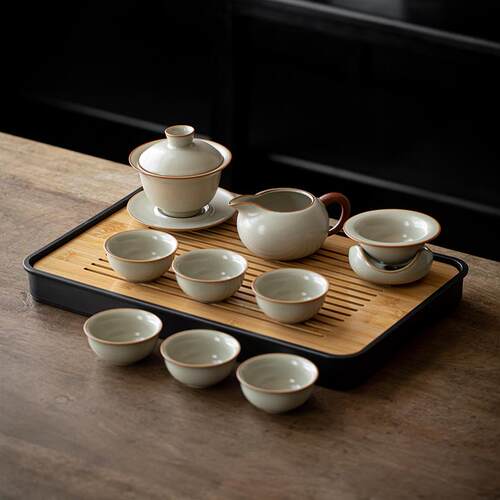 正品小落 汝窑功夫茶套装瓷泡茶具家壶茶杯陶盖碗用客厅喝茶轻奢