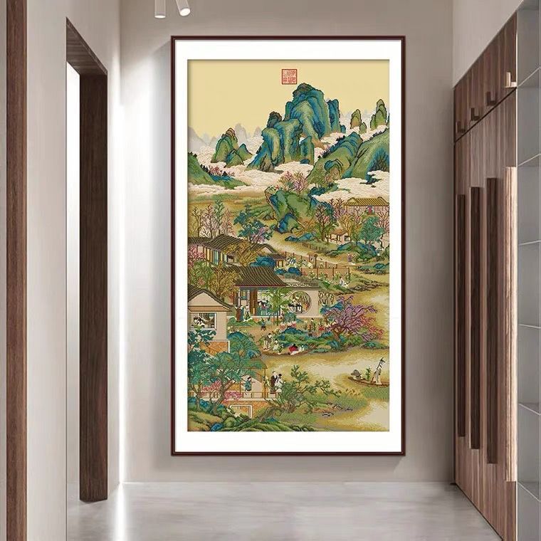 雍正十二月九月十字绣2024新款绣线客厅名画山水风景玄关手工竖版