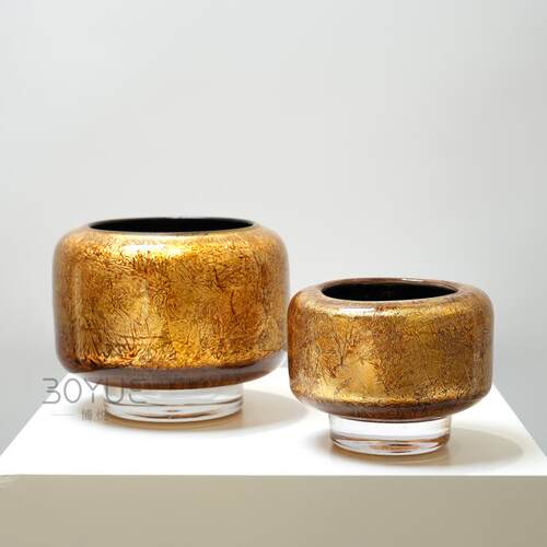 中古极简金色水晶底琉璃花瓶售楼处样板房软装摆设餐桌客厅插花器