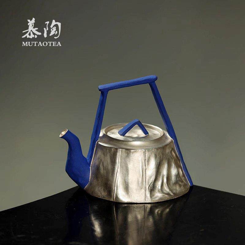 慕陶ins薄胎煮水壶鎏银黑晶炉煮茶壶创意提梁银壶陶瓷功夫茶单壶