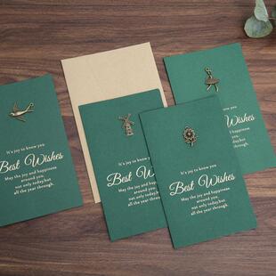Green Gold Foil Valentine Card Metal Greeting with Envelope