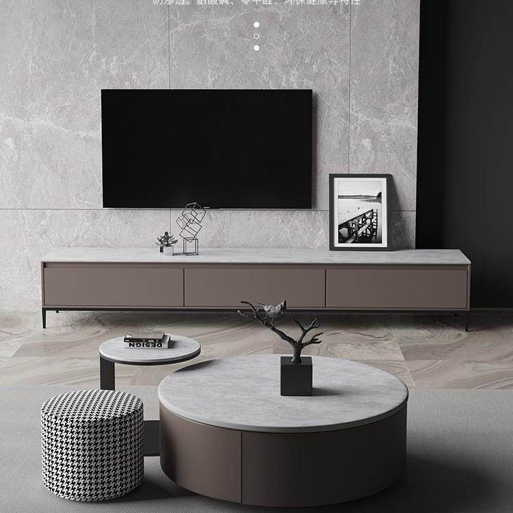 圆形茶几意式轻奢岩板电视柜组合大小圆可储物小户型大理石茶几