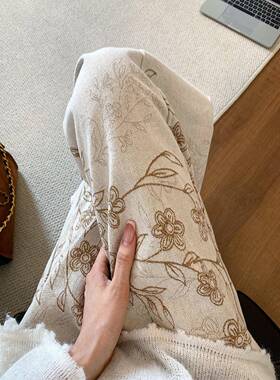 高档轻奢杏色复古刺绣提花水墨风牛仔裤女士春夏新款宽松阔腿裤子