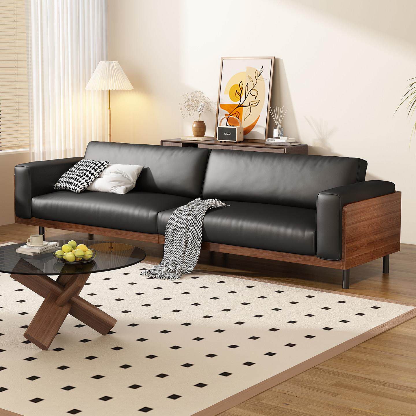 实木沙发小户型2026新款客厅家用复古皮艺直排三人中古风黑色沙发