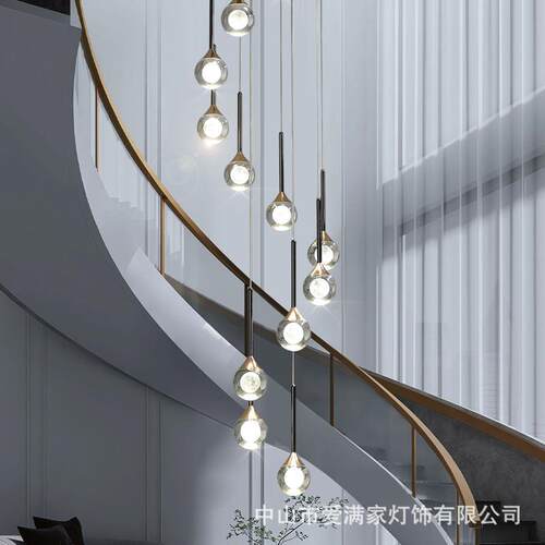 楼梯吊灯现代简约水晶轻奢LED节能别墅复式楼梯间旋转中空loft灯