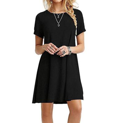 Women Solid Green Brown Dress Short sleeve female casual Loo