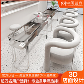 中闽芸尚银色玻璃美甲桌椅套装 单双三人岩板烤漆美甲店桌椅组合