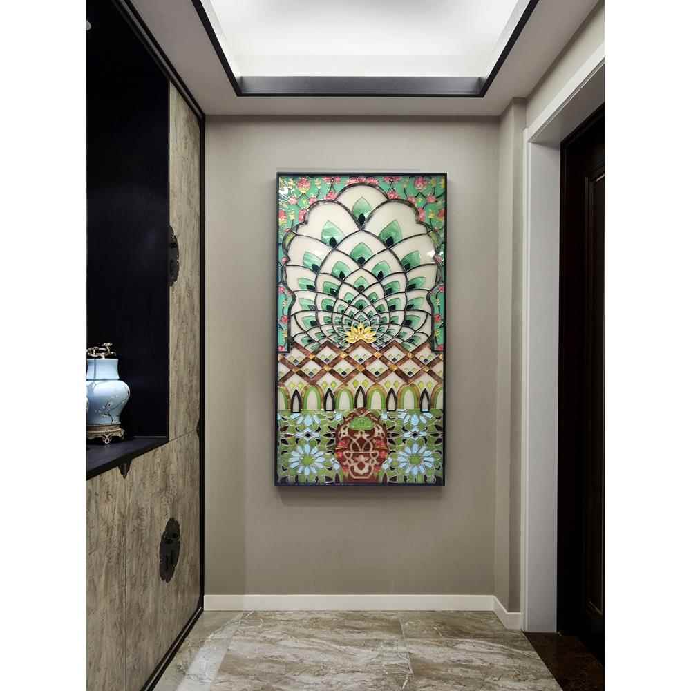 手绘珐琅彩装饰画门厅走廊立体卧室壁画客厅玄关轻奢挂画步步生莲图片