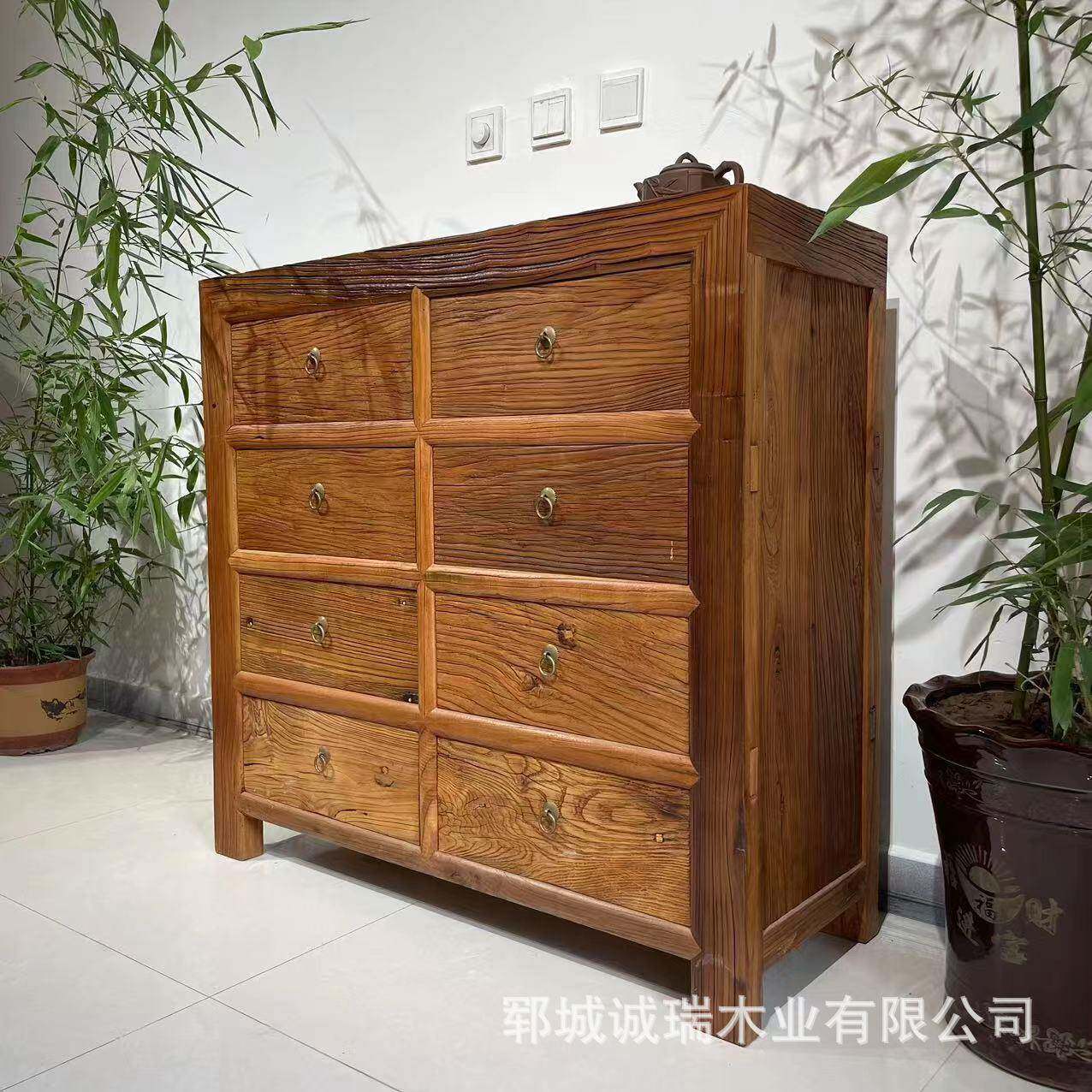 新中式储物收纳柜老榆木家具实木带抽屉式餐边斗柜家用靠墙置物柜