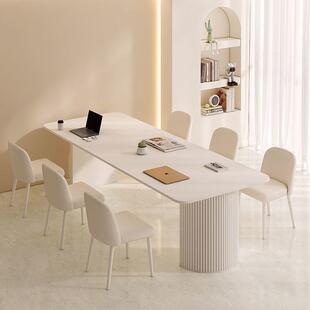 奶油风岩板会议桌长桌现代简约轻奢洽谈纯白2m工作台长条桌椅组合