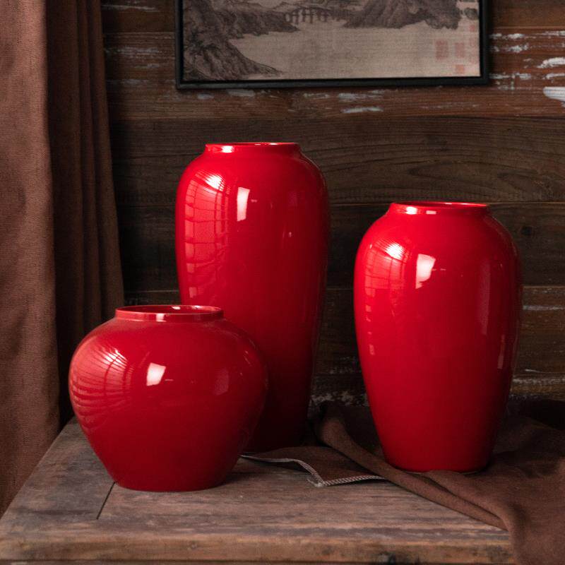 高档景德镇中式台面新陶果瓷花瓶石榴饰浆中国红喜庆家居装品花瓶