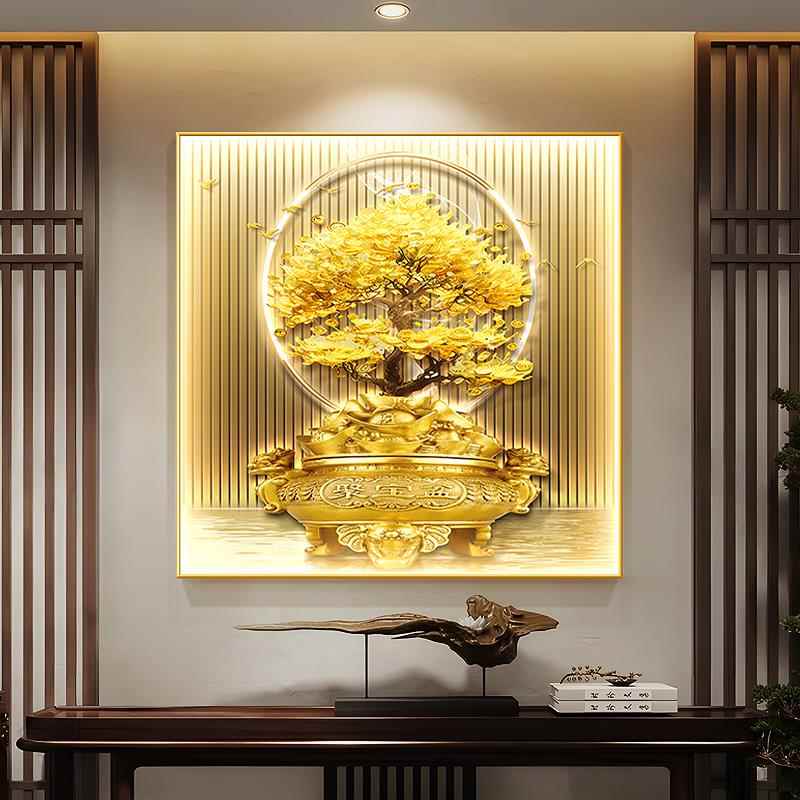 新中式招财树正方形玄关装饰画聚宝盆餐厅挂画轻奢带灯发光壁画图片