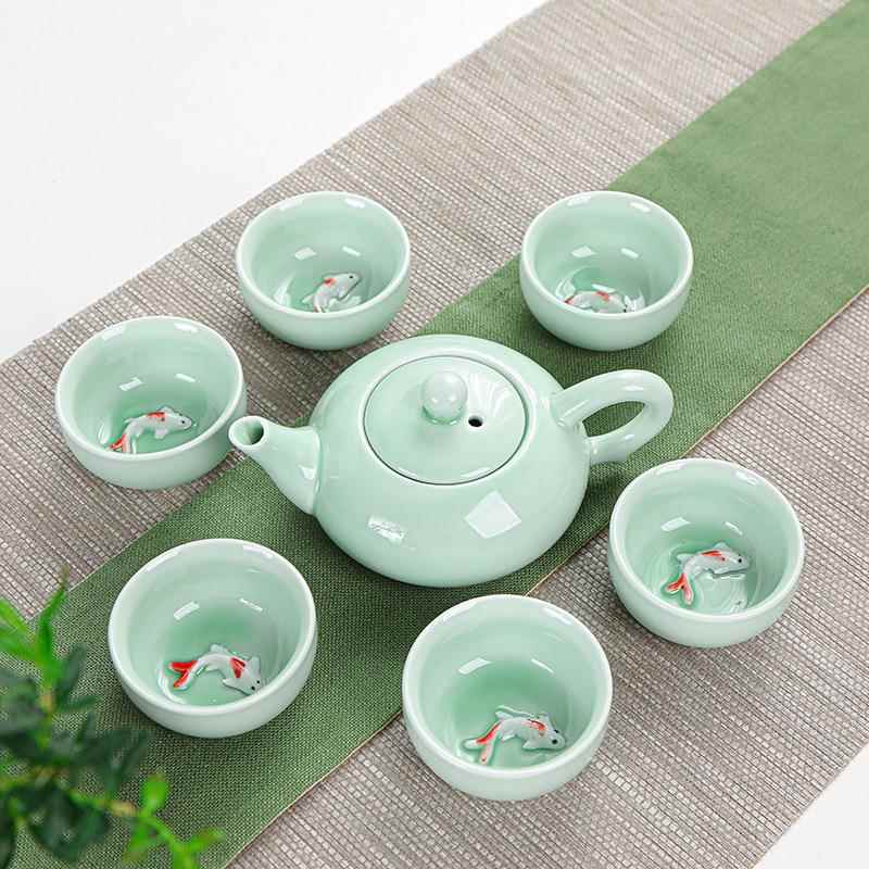 7头功夫茶具小德化青瓷茶具鲤鱼杯陶瓷茶壶套装整套礼品工厂