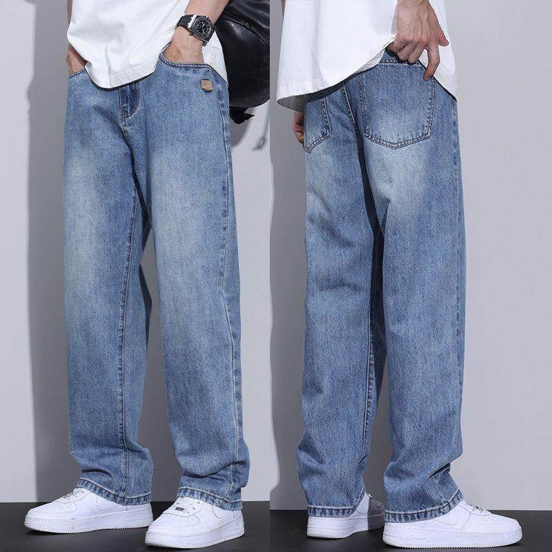 夏季薄款宽松牛仔裤男款直筒阔腿裤生青少年男士休闲百搭浅蓝色裤