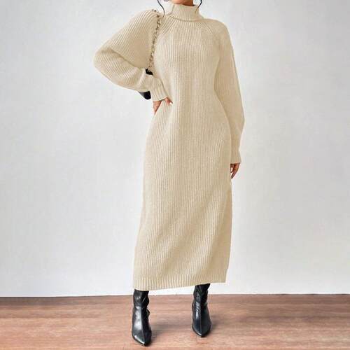 Graceful Long Knitted Dress For Women High Neck Casual Wear