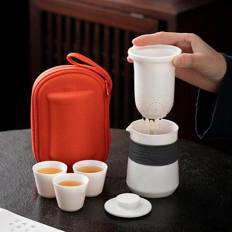 便携式旅行茶具小套装备户外包白瓷泡茶壶茶杯简易女士露营快客杯