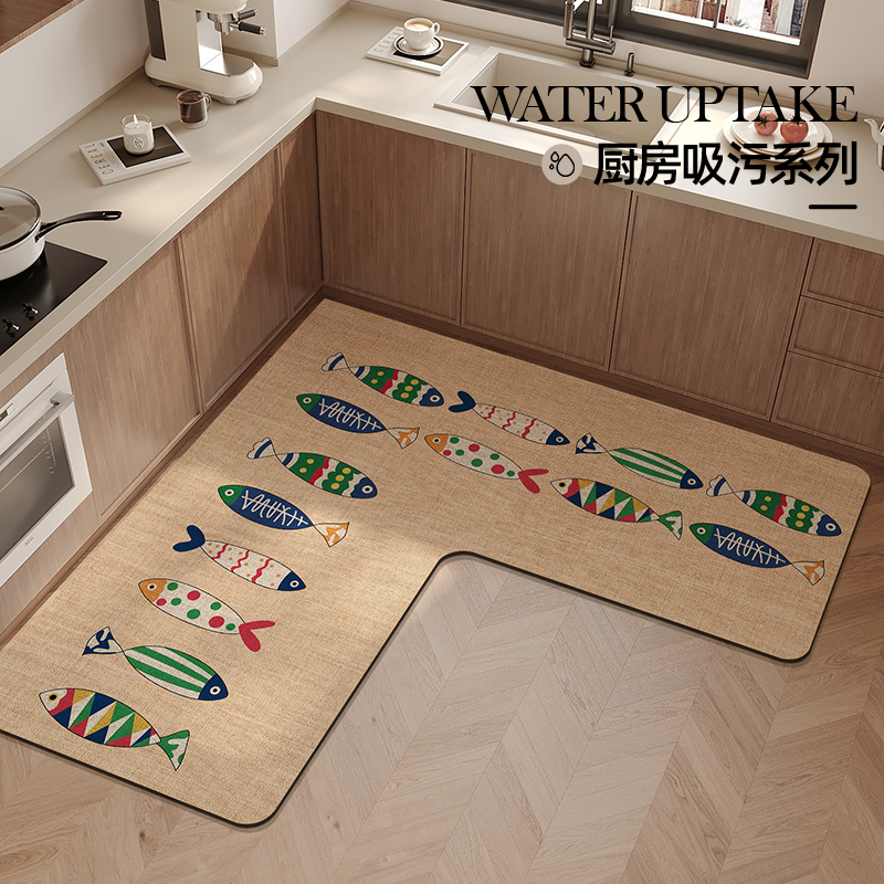 L形厨房专用地垫硅藻泥整块吸水吸油防滑可擦免洗防油耐脏地毯l型