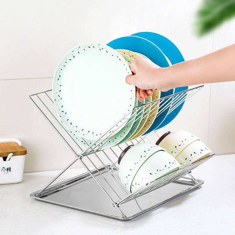 厨房小型X型碗碟架带托盘304不锈钢晾放碗碟收纳架台面沥水碗架