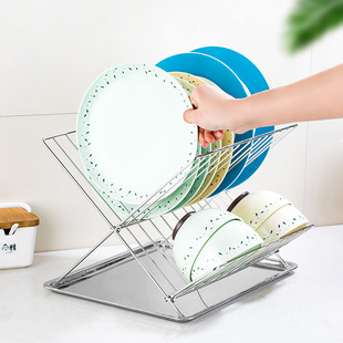 厨房小型X型碗碟架带托盘304不锈钢晾放碗碟收纳架台面沥水碗架