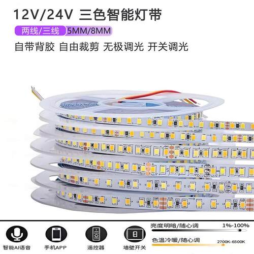 三色变光led灯带12v24v自粘双色温5mm8mm二合一无极调光吊顶灯条