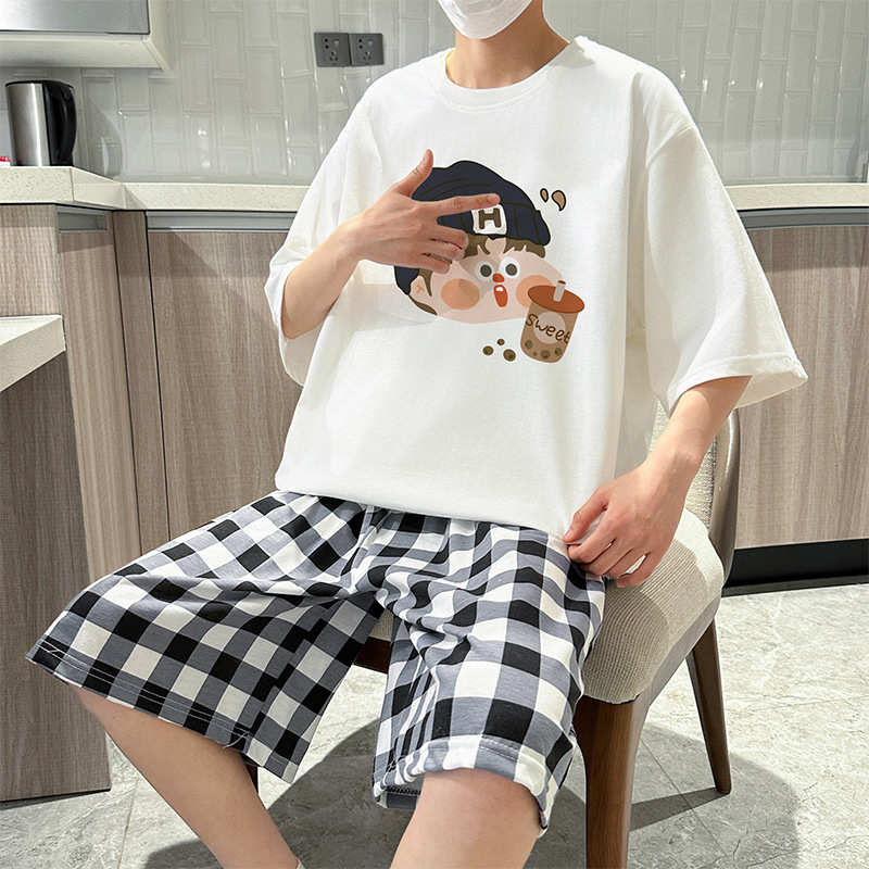 2024年夏季男士短袖短裤睡衣圆领韩版宽松休闲青少年家居服套装男
