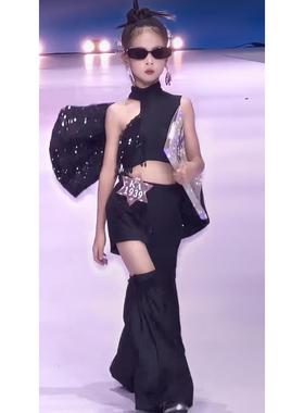 高档车女C童黑色T台模潮特走秀儿童港风PK模P机车演出服服礼服