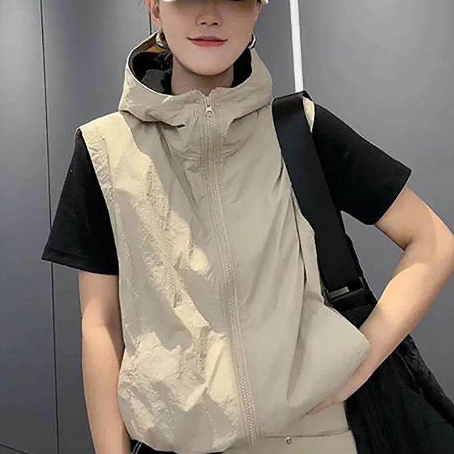 薄款拉炼无袖防晒马甲女夏季欧货大尺码胖mm宽松遮肉连帽马夹外套