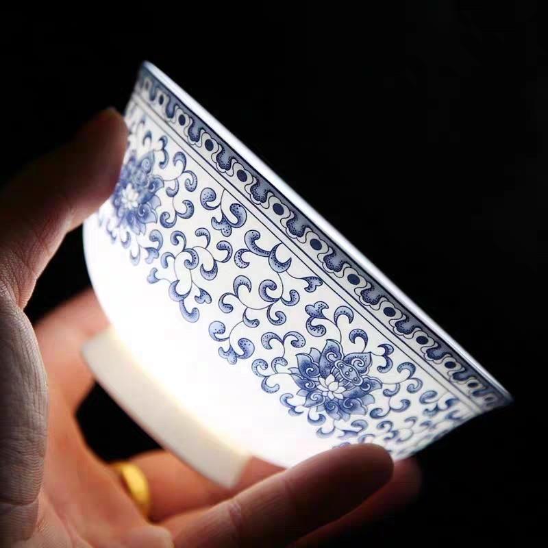10个景德镇青花瓷饭碗骨瓷面 面碗高脚吃米饭碗中式釉中碗筷套装