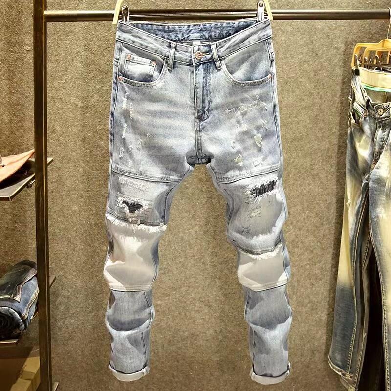 香港潮牌秋冬新款不规则破洞牛仔裤男修身弹力小脚休闲乞丐九分裤