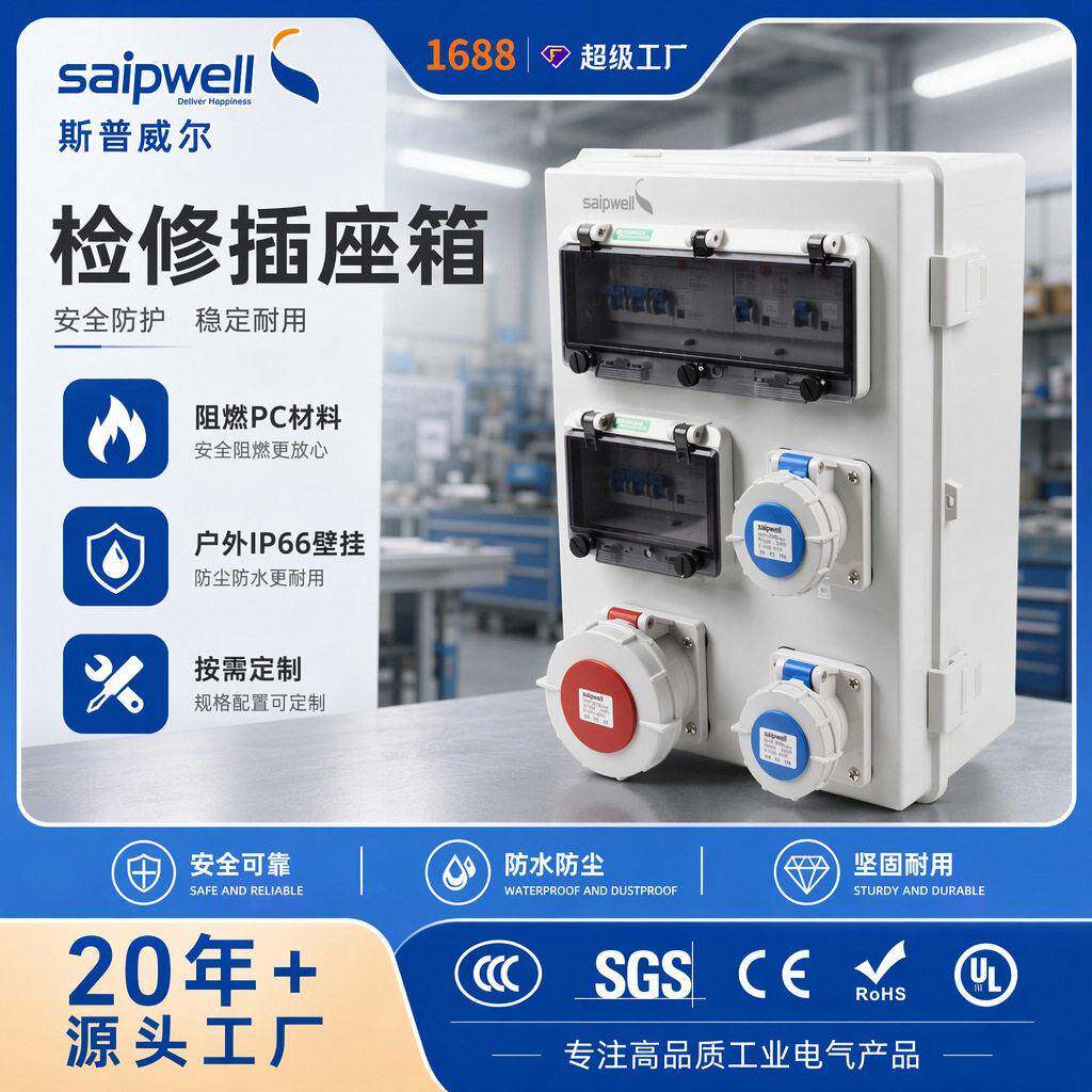 斯普威尔工业插座箱带漏电保护1进2出电气配电箱电源工程检修箱