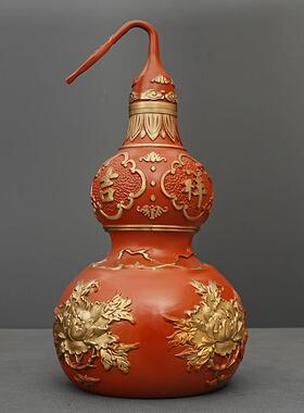 富贵丹铜制葫芦摆XSX品件盖真品空心家居室内玄关装饰牡工开艺品