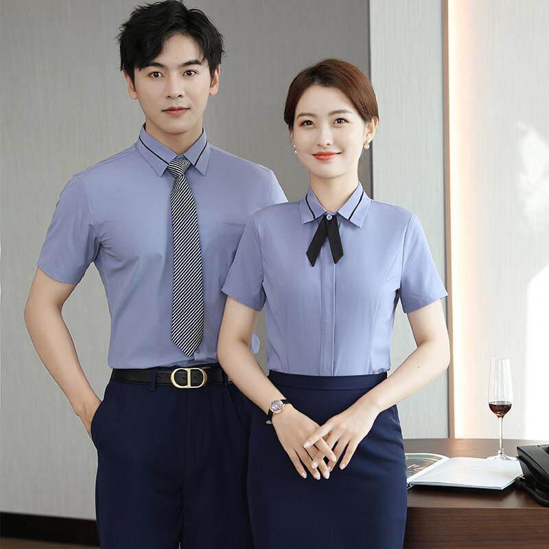 男女同款职业衬衫短袖夏季酒店前台正装衬衫餐饮服务员工作服套装