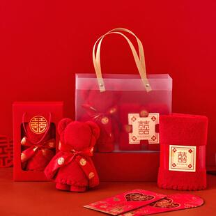 珊瑚绒结婚红小熊毛巾陪嫁毛巾喜庆礼盒装婚礼伴手礼吸水毛巾