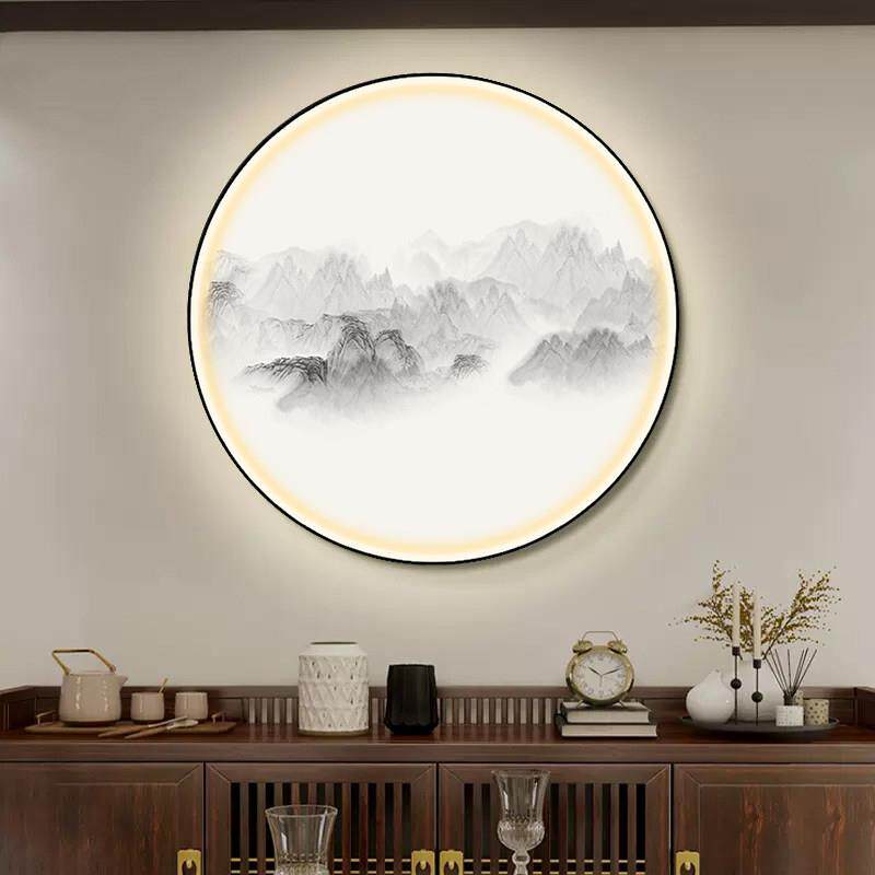 水墨山水夜光壁画圆形新中式入口装饰画配轻高端客厅背景墙挂画