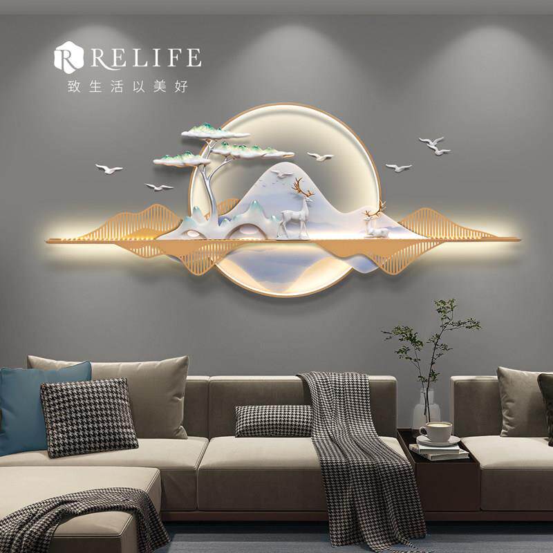 轻奢风新中式客厅沙发背景墙装饰画带灯3d立体浮雕壁饰挂件壁画