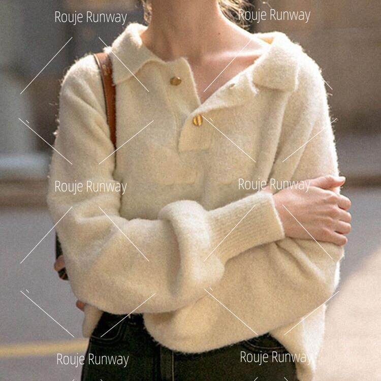 法式Rouje Runway宽松polo领毛衣女春秋季新款慵懒风针织内搭上衣