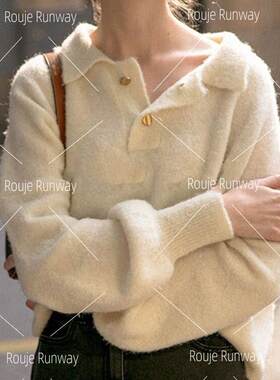 法式Rouje Runway宽松polo领毛衣女春秋季新款慵懒风针织内搭上衣