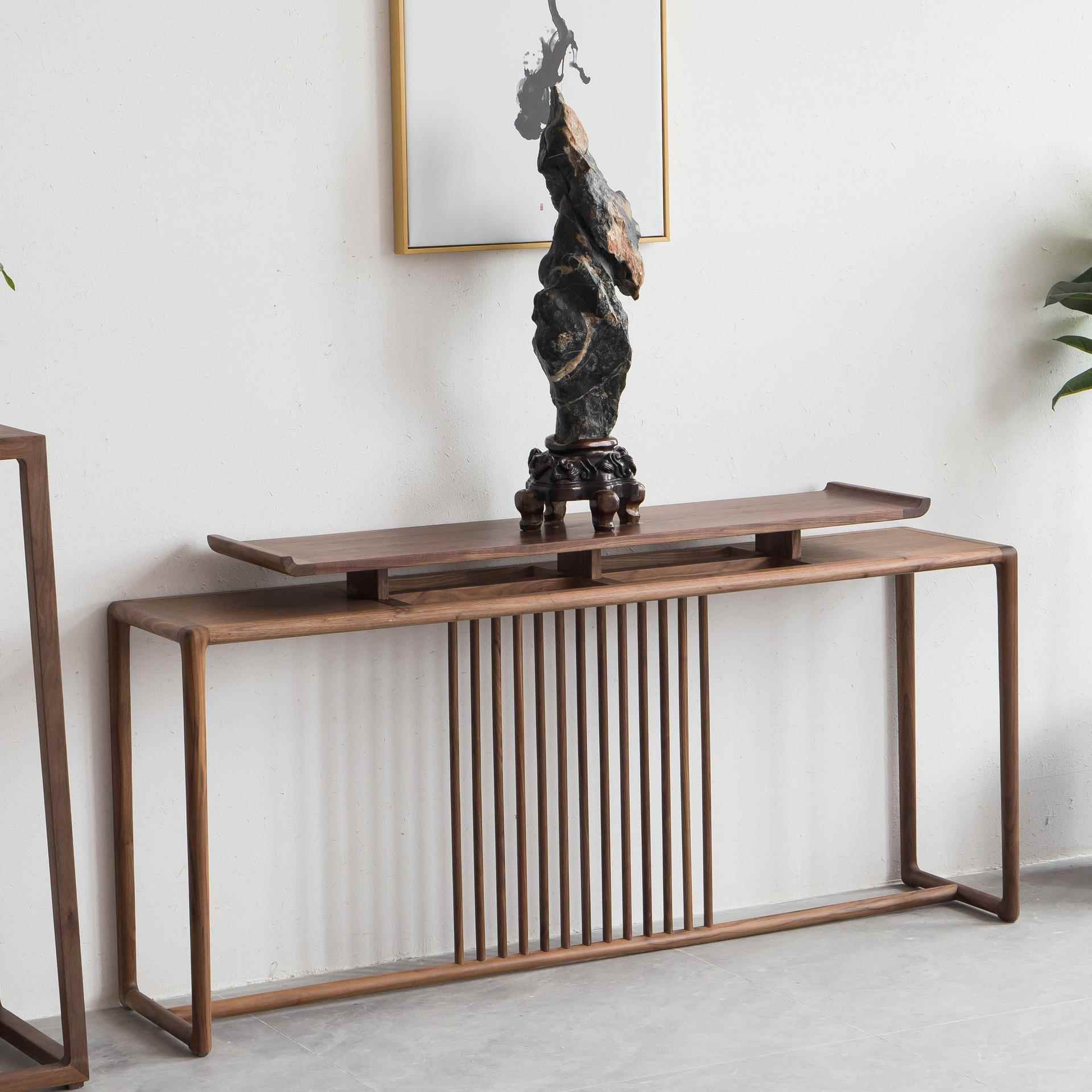 新中式玄关桌老榆木条案黑胡桃供桌实木玄关桌简约墙边长条宽窄柜