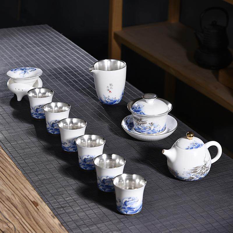 青花蛟龙出海鎏银陶瓷套装功夫茶具纯银家用泡茶盖碗茶杯壶大套组