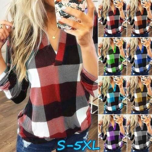 Women's shirt plaid printed collar long sleeved top T-shirt