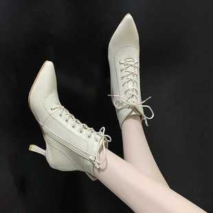 尖头皮面高跟短靴女2020年新款高跟鞋秋冬细跟加绒瘦瘦靴保暖皮靴