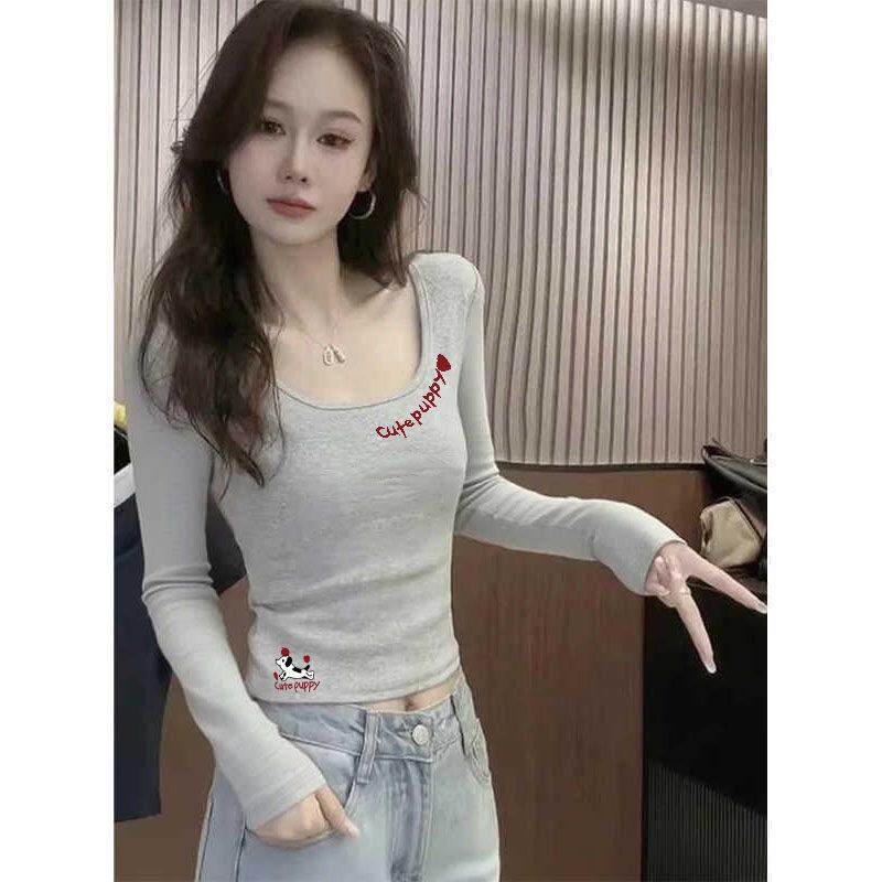 SPYB2026春季新款正肩U领纯棉长袖T恤女修身显瘦洋气印花短款上衣