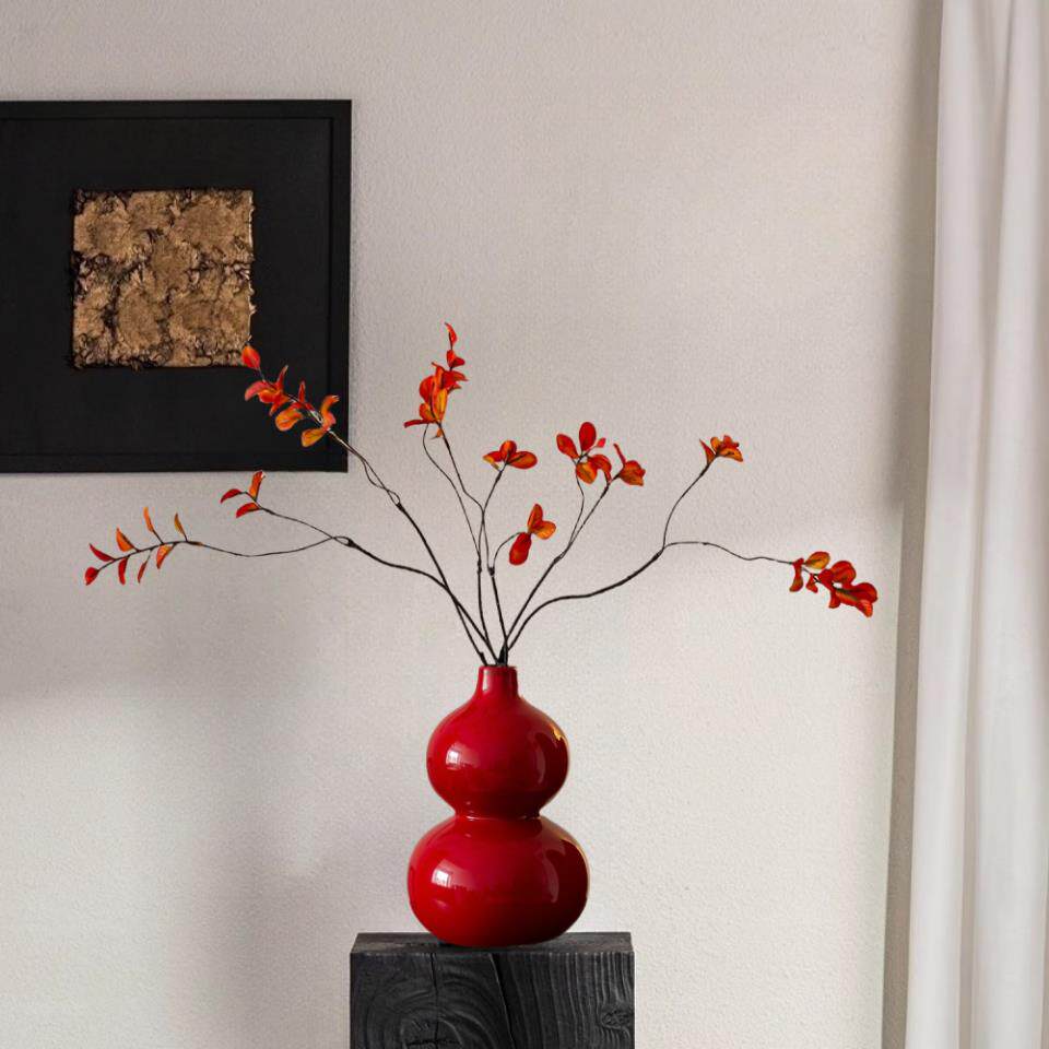 高档新中式瓷红色厅葫芦陶花客插花水瓶培装饰高级感玄关茶室禅意