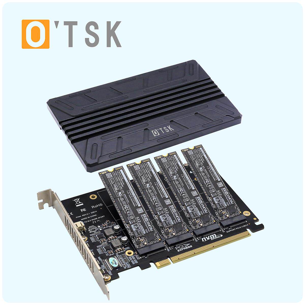 PCIe4.0 NVMe转接卡搭配四盘扩展功能 铝合金散热片设计的OTSK转