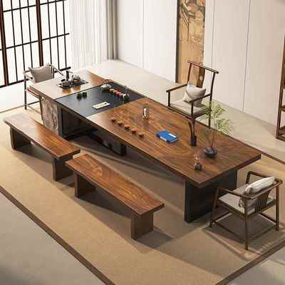 2025新款高端新中式南美胡桃木实木大板泡茶桌椅组合家用茶台茶桌