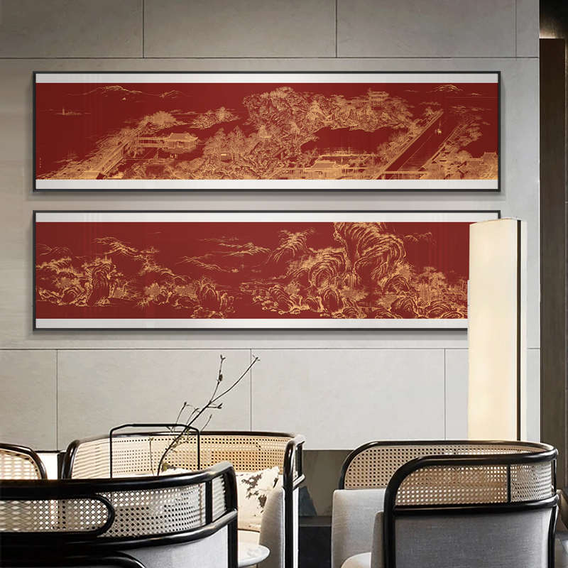 新中式客厅千里山水楼阁装饰画酒店包厢浮雕立体别墅餐厅挂画民宿图片