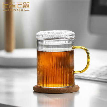 左茗右器竖纹玻璃杯把手家用带盖带把咖啡杯子马克水杯茶杯大容量