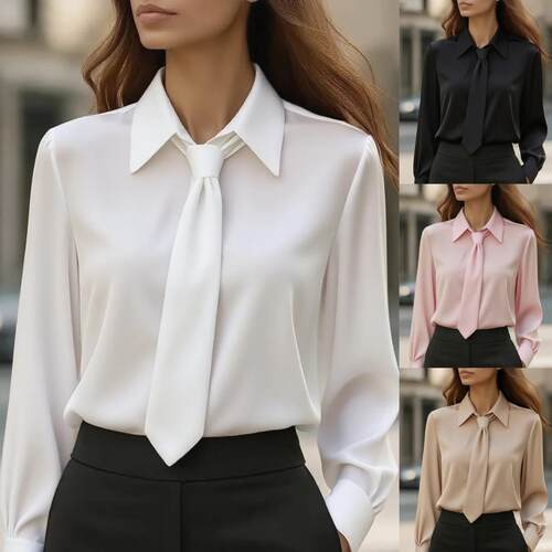 Elegant Solid Color Satin Blouse Top For Women Long Sleeves
